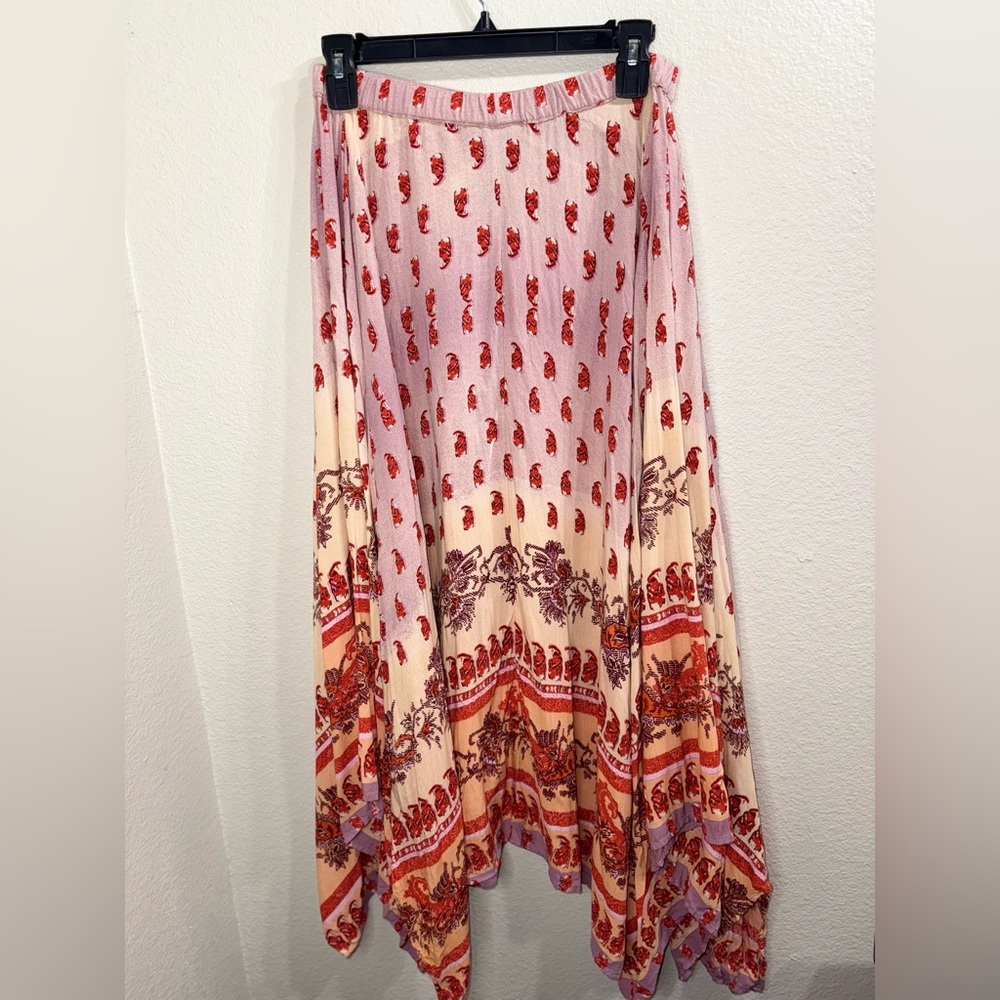 Angie Boho Paisley Midi Skirt Pink Rayon Hanky Hem Festival Y2K Chic- Large - Picture 7 of 7